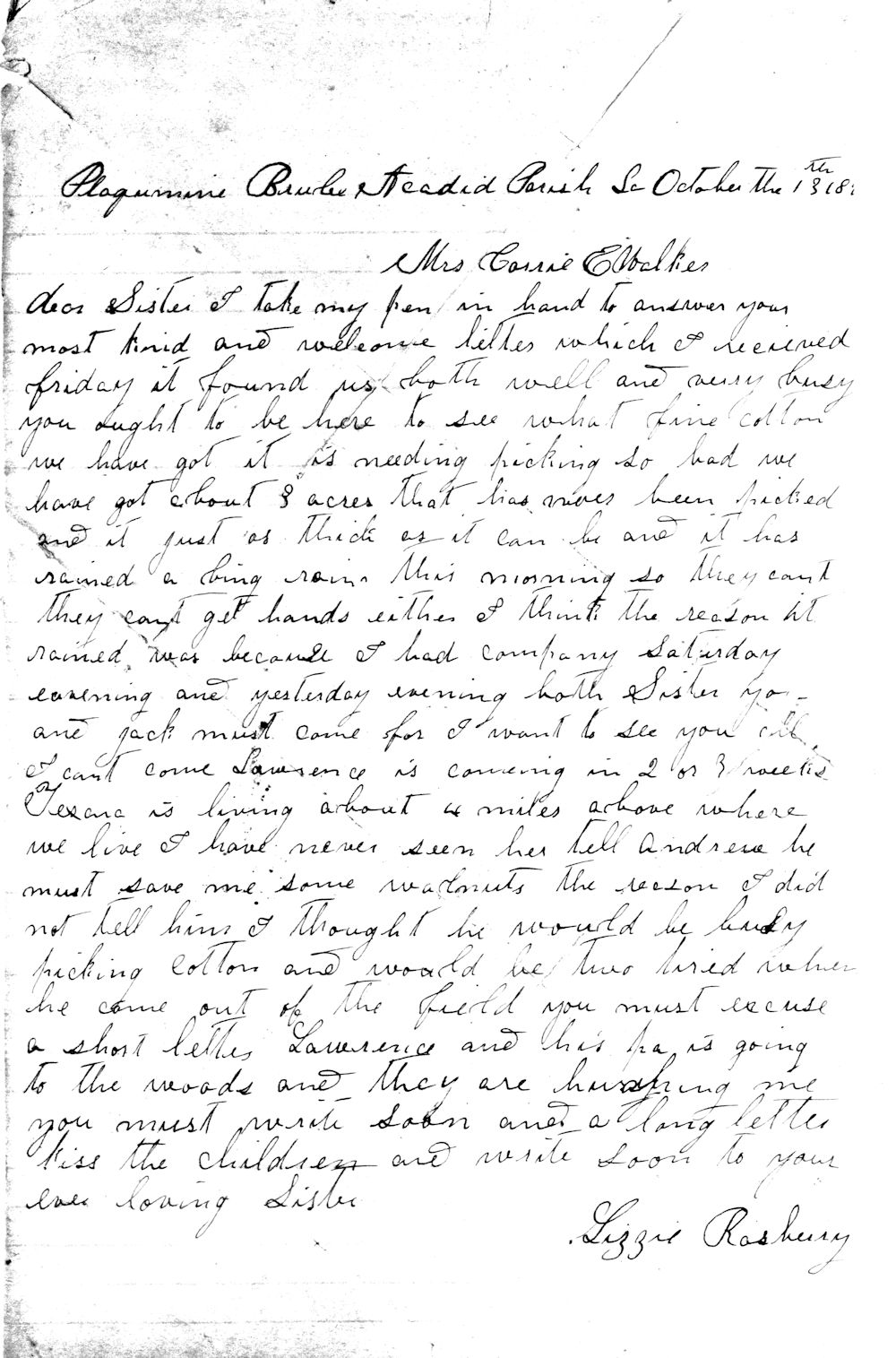 Lizzie Emma Helmer Rasberry letter to Caroline Elmira Helmer Walker - 1889