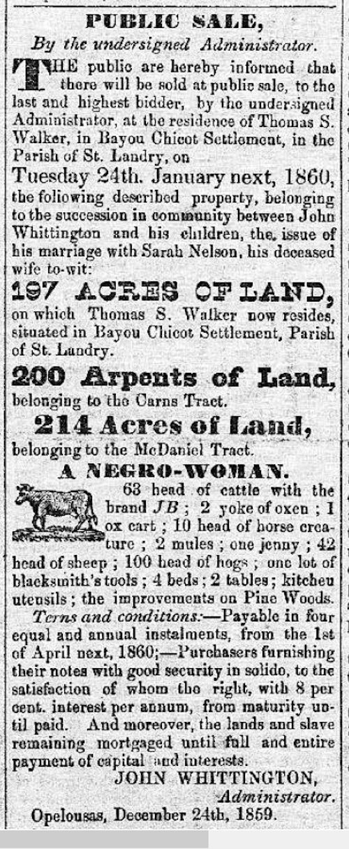 T. J. Walker property sale 1859