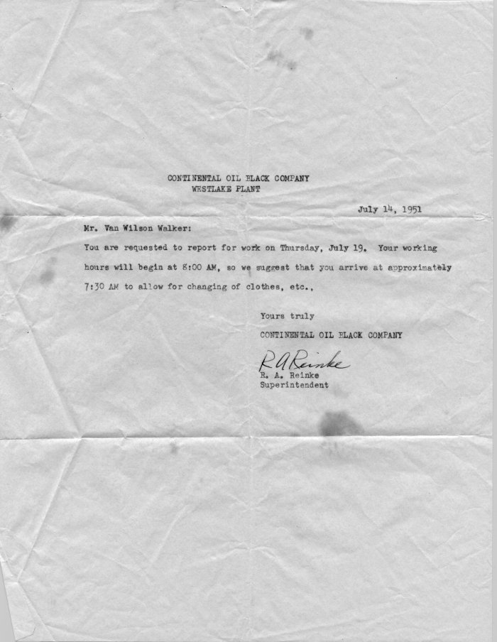 Continental Oil letter hiring Van Walker 1951