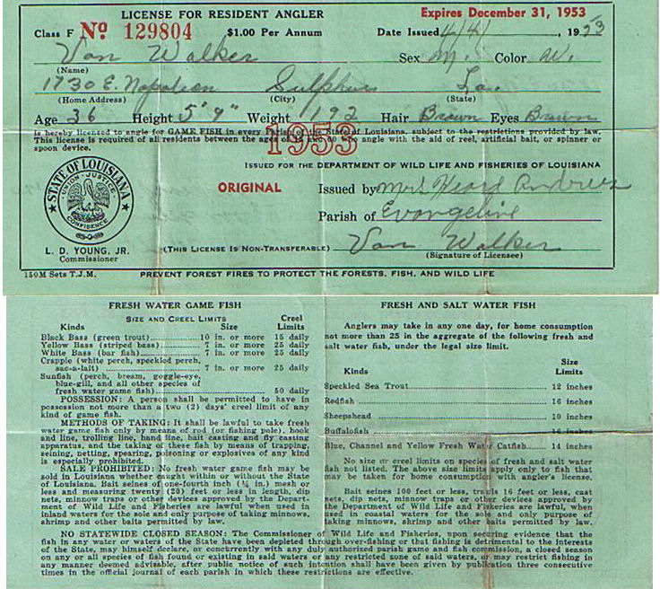 Louisiana Resident Fishing License issued to Van W. Walker