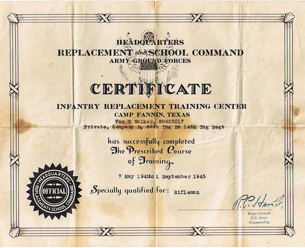 Infantry Replacement Training Certificate of Completion