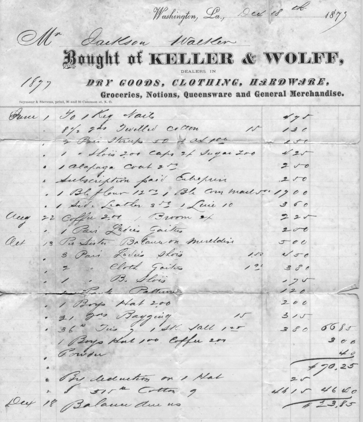 Andrew Jackson Walker's bill from Keller & Wolf - 1877 1