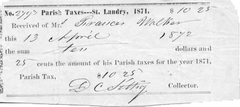 Walker tax bill paid by Frances Walker - 1871 1