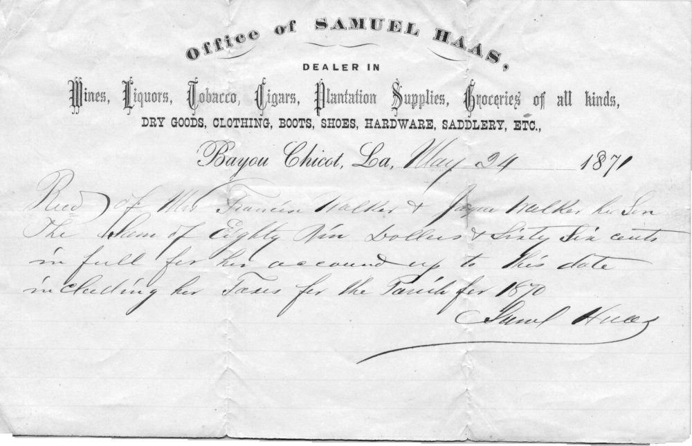 Payment of debt to Samuel Haas - 1871 1