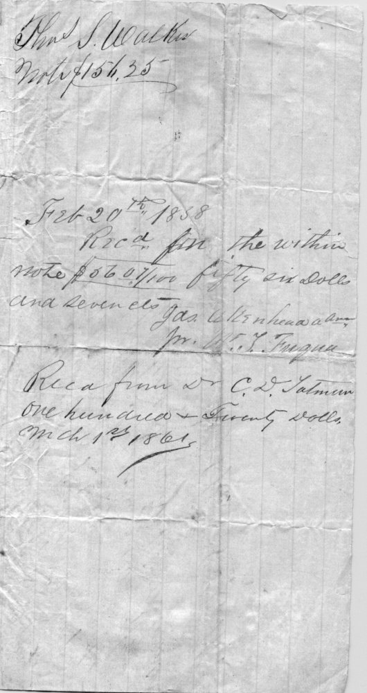 Thomas Jefferson Walker note of debt - 1857 1