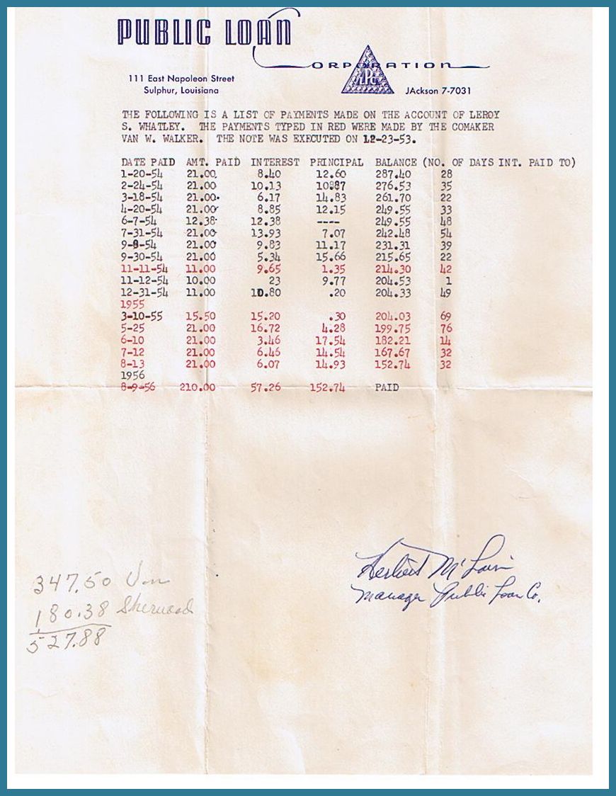 Loan Document for Leroy Sherwood Whatley