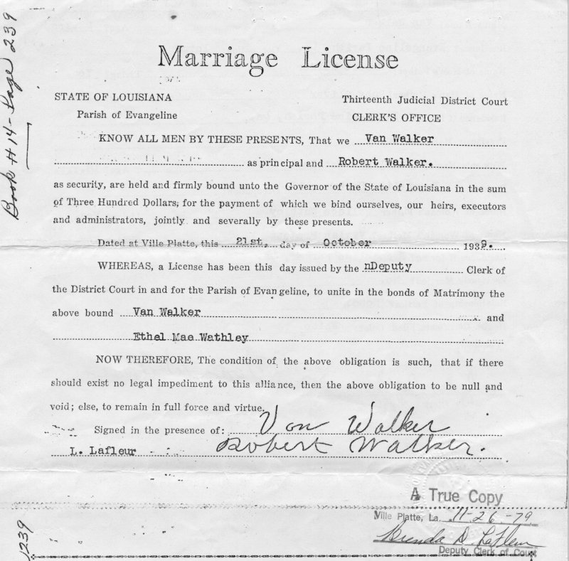 Van Walker and Ethel Whatley marriage license 1