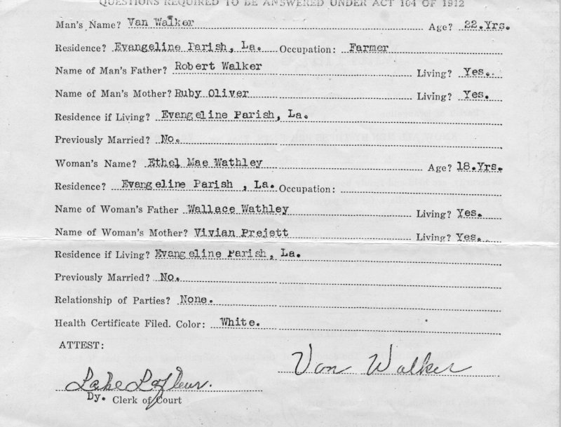 Van Walker and Ethel Whatley marriage license 3
