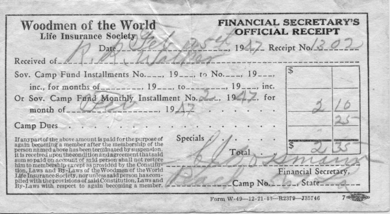 Woodman of the World Insurance Receipt - 1947 1